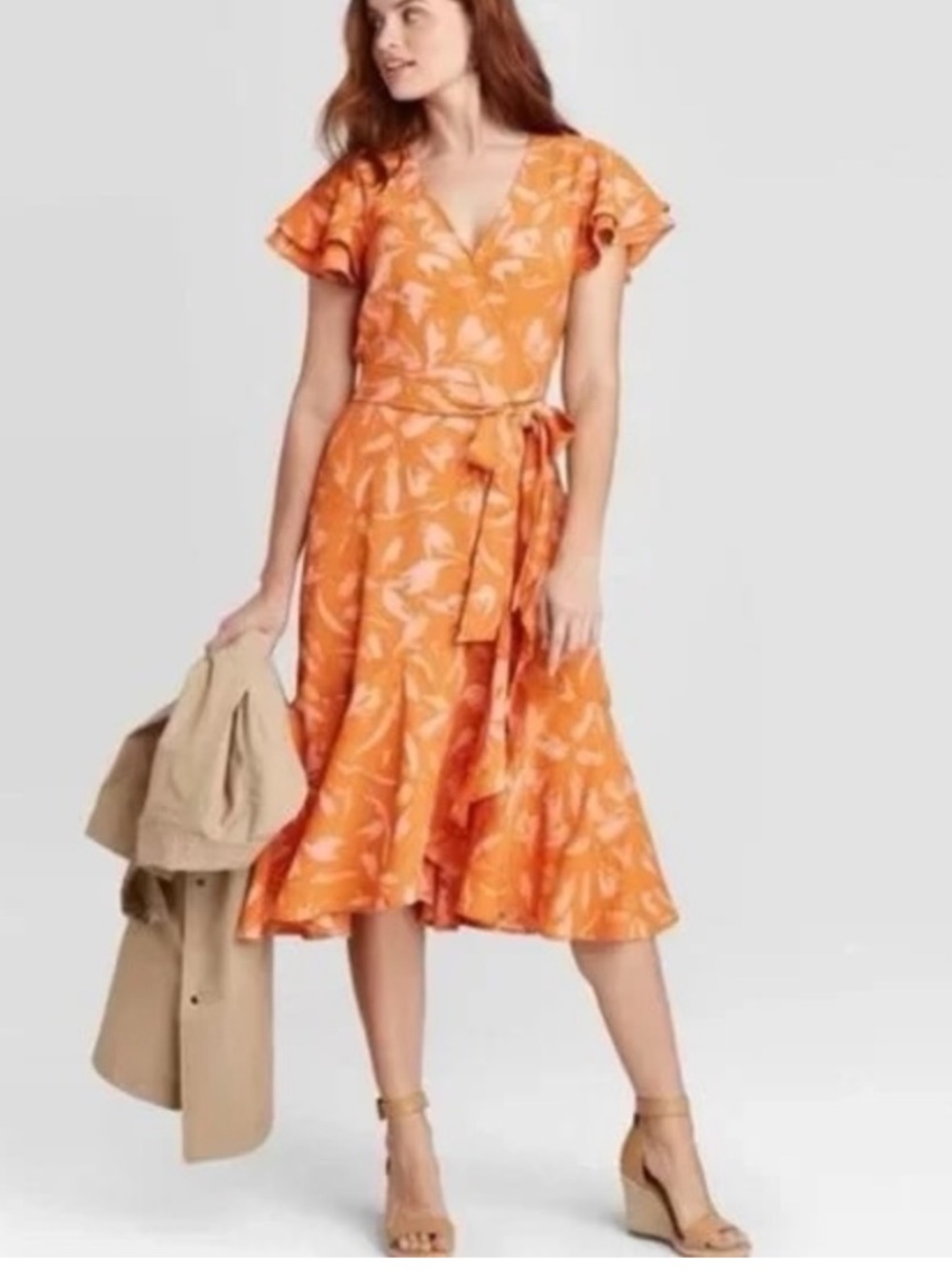A New Day Orange Floral Ruffle Flutter Sleeve Wrap Midi Dress Sz XL cottagecore